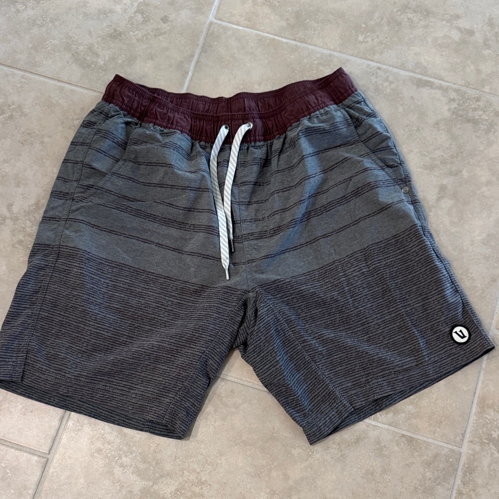 Vuori Lined Gray and Burgundy Striped Shorts L